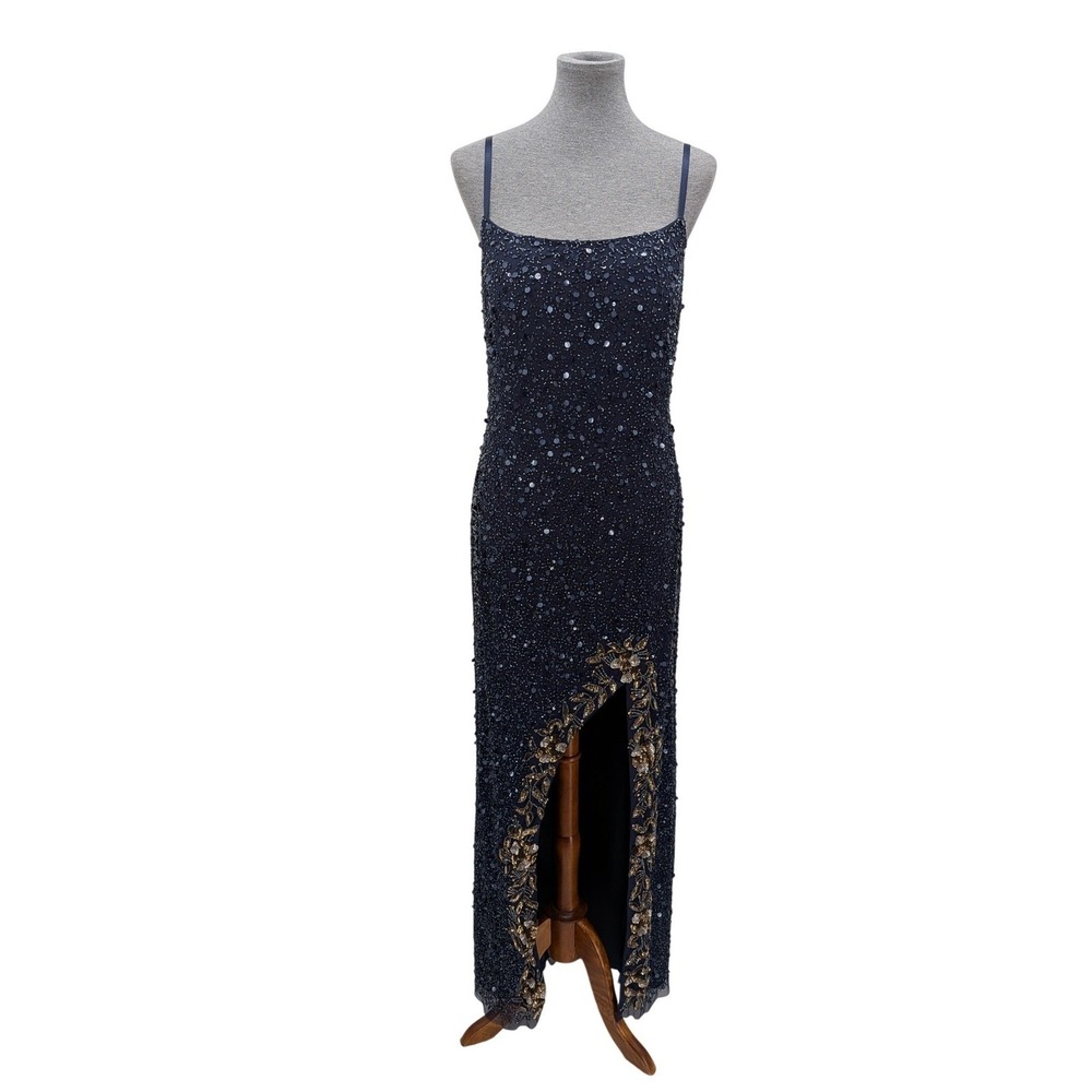 Prom Wedding Blue Gold All Over Sequins Beads Lace Up Back Floral Slit 12 Dress - Picture 2 of 14